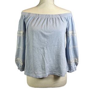 American Eagle Off the Shoulder Women's Light Blue Top with White Embroidery S